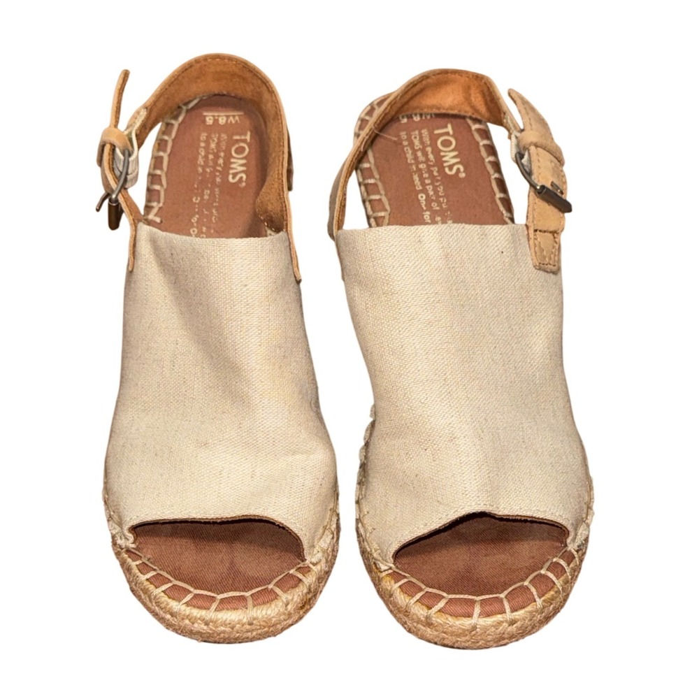 TOMS Clarissa Wedge Sandals Womens 8.5 Oatmeal Linen Espadrille Peep Toe Tan